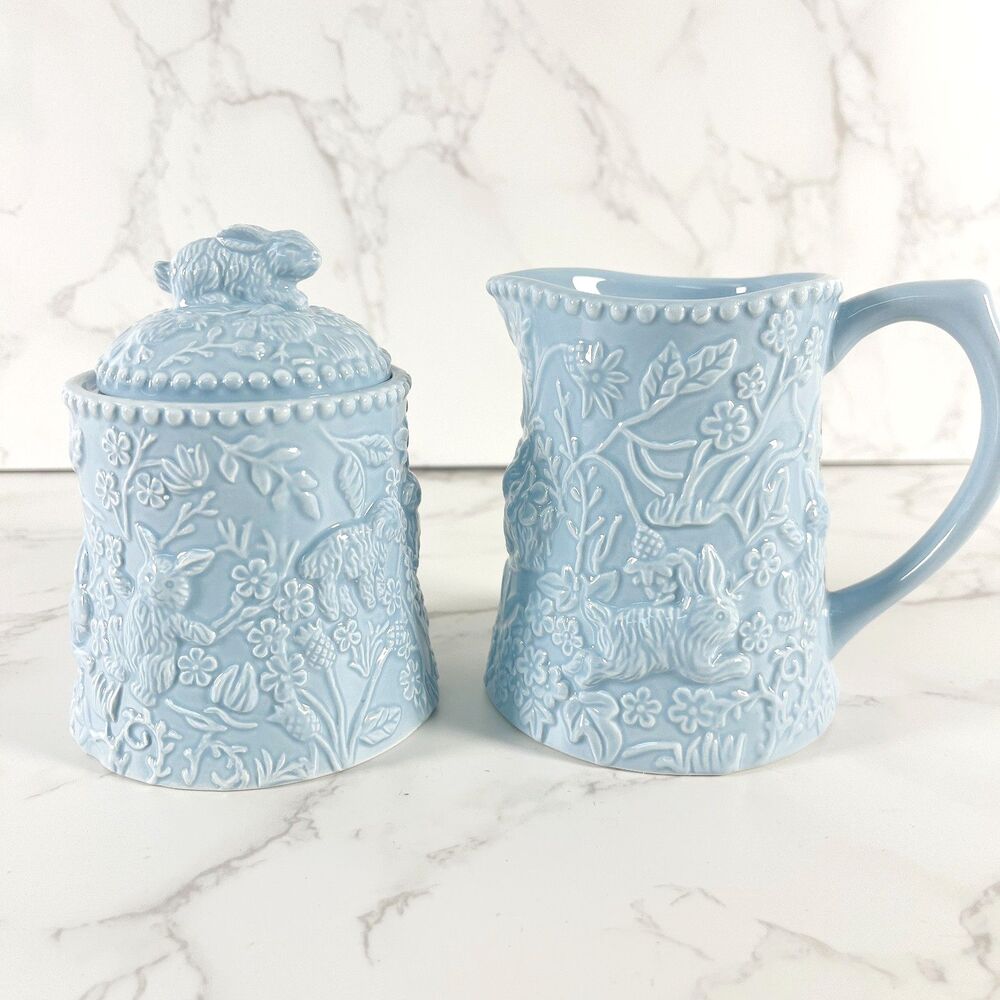 Kate Williams Blue Bunny Creamer and Sugar Set, Embossed Rabbit Ceramic Tea Set
